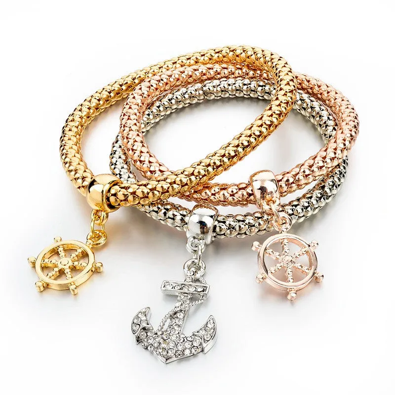 Vintage Pendant Crystal Bracelet Fashion Women Bracelets Bangles 3 Pcs Multilayer Charm Gold Bracelet Silver Chain