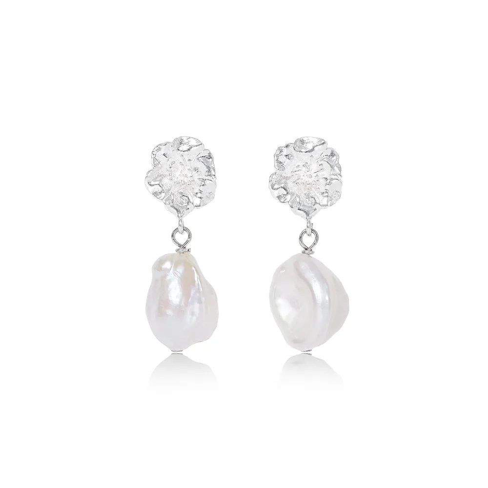 Vita Silver Cherry Blossom & Baroque Cultured Freshwater Pearl Drop Earrings