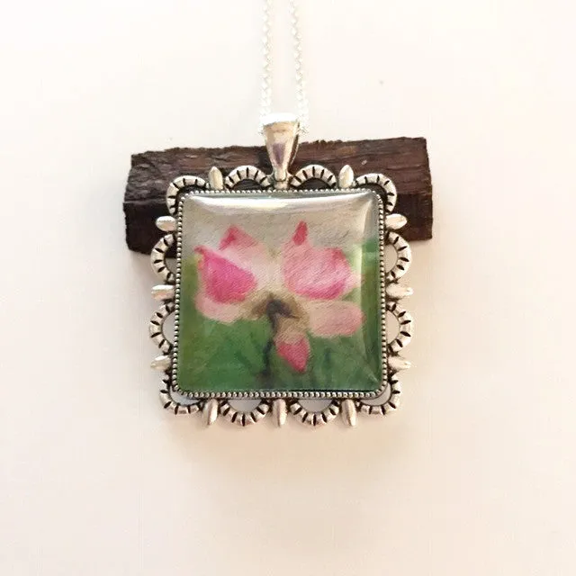 Watercolor on a pendant/textured pink flower