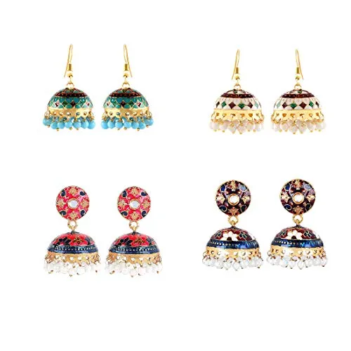 Yellow Chimes Craftsmanship Work Copper Gold Plated, Meenakari Handcrafted Floral Designer Traditional Gold Plated Jhumka/Jhumki Earrings for Women (Multicolour), Combo of 4 Pair