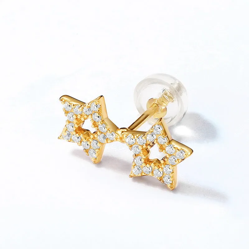 Zircon Hollow Stars Asymmetric Sterling Silver Stud Earrings