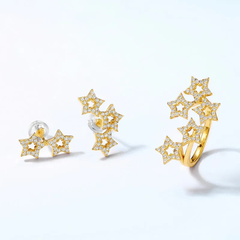 Zircon Hollow Stars Asymmetric Sterling Silver Stud Earrings